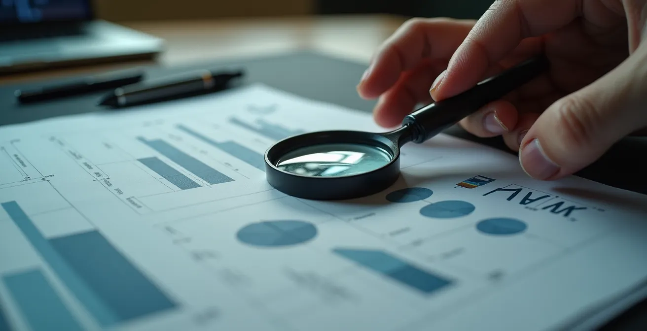 Gros plan sur des mains analysant des documents financiers avec une loupe