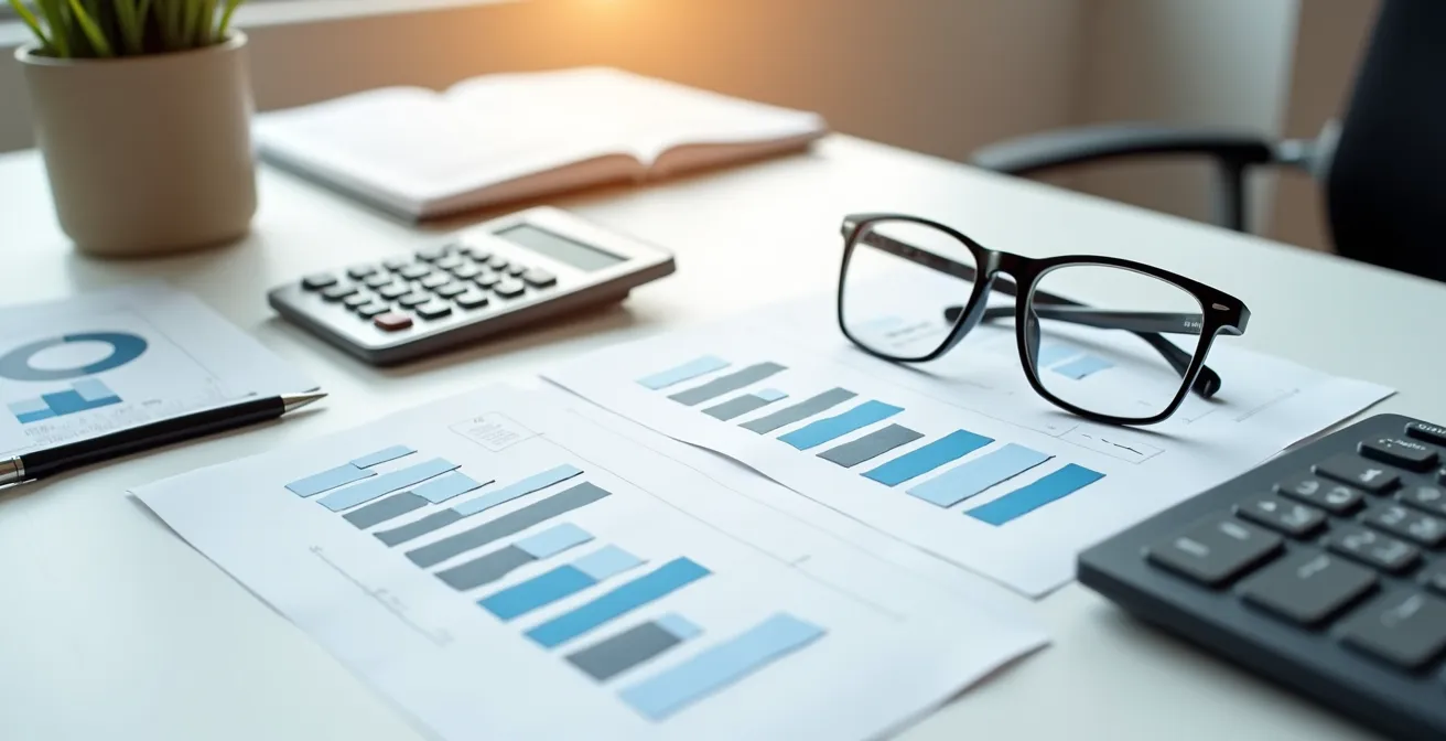 Vue plongeante sur un bureau avec documents financiers et calculatrice