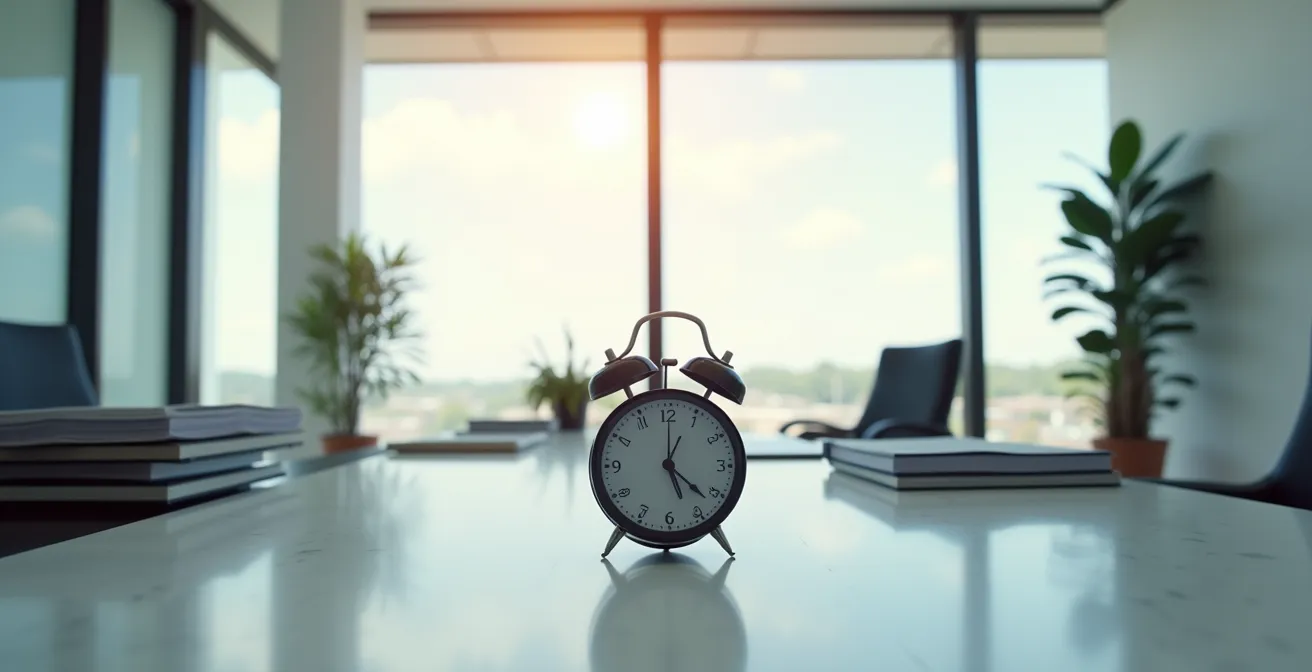 Bureau d'avocat moderne avec documents juridiques organisés sur le bureau