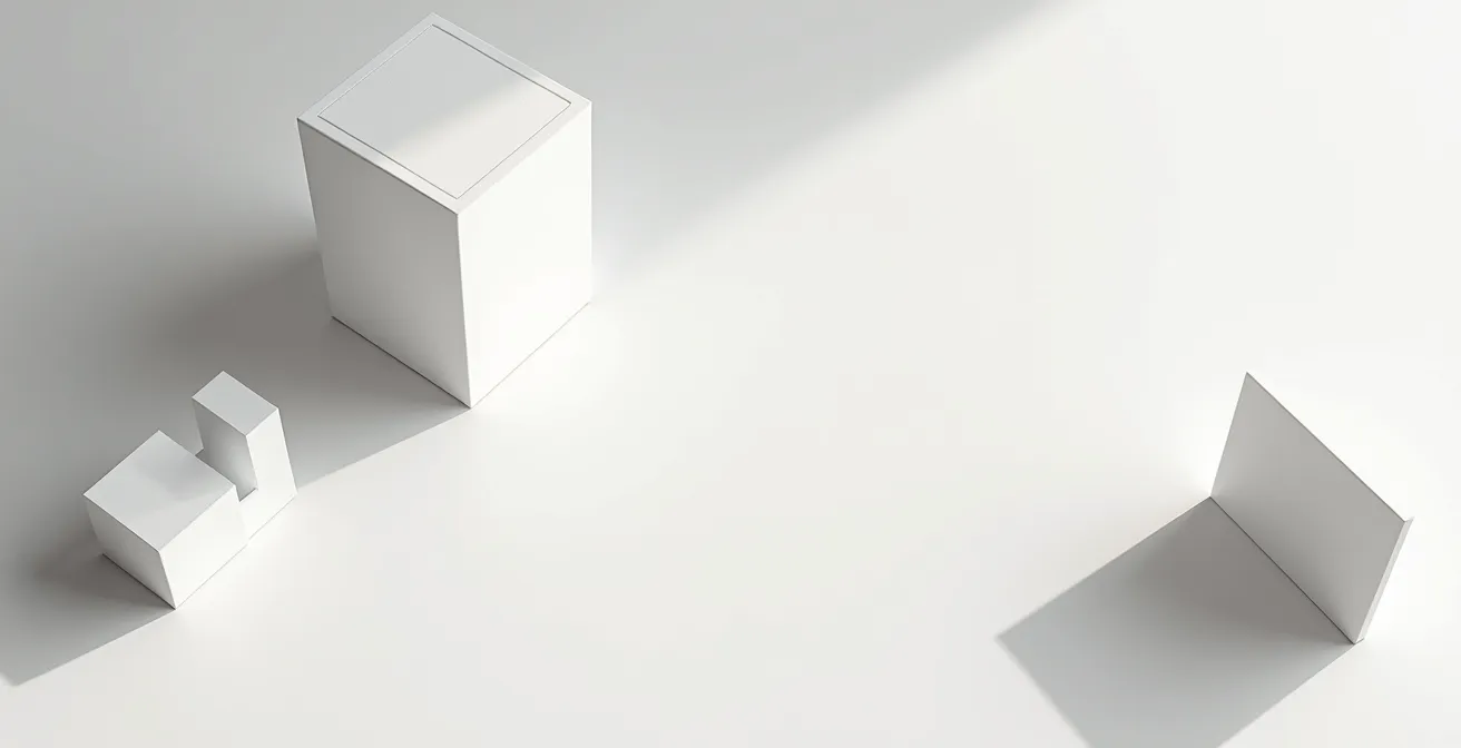 Vue aérienne d'un bureau épuré avec surfaces géométriques