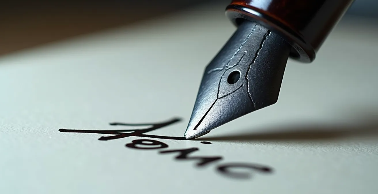 Détail en macro d'une main signant un document avec stylo plume