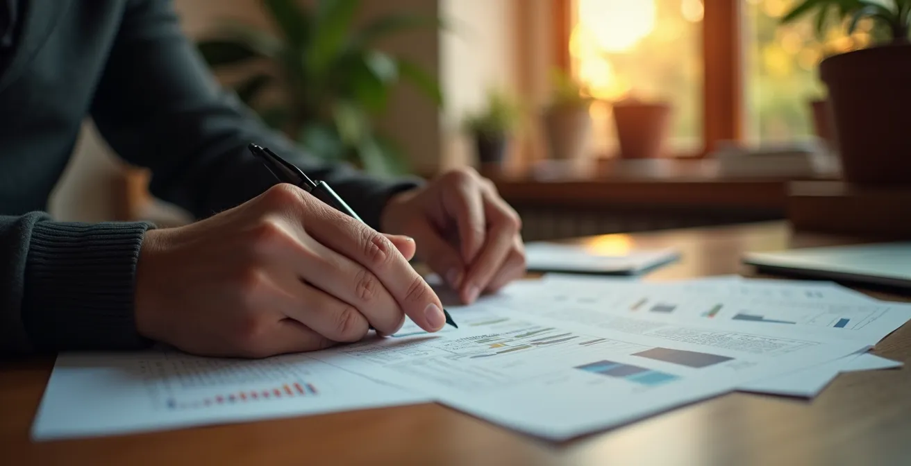 Mains d'une personne examinant attentivement des documents financiers avec concentration