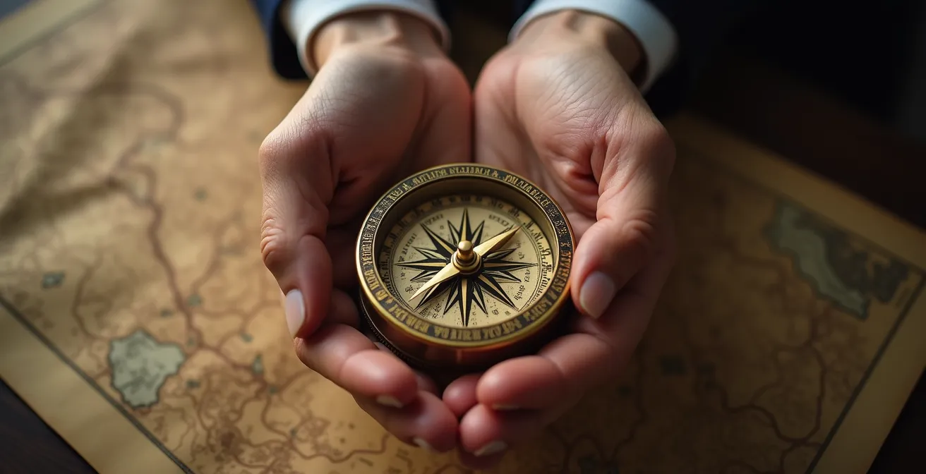 Mains tenant une boussole dorée sur fond de carte abstraite