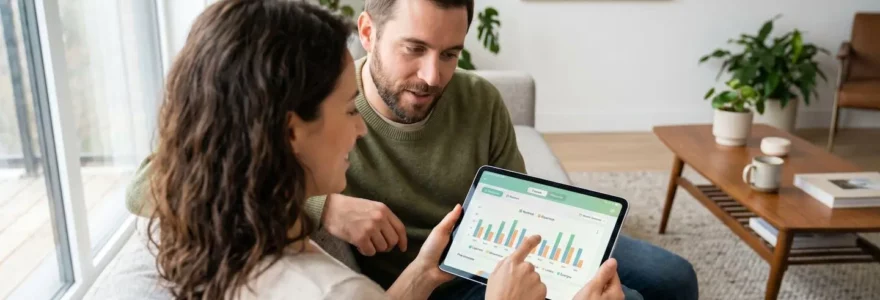 Un couple vu de profil consulte ensemble une tablette dans un salon lumineux contemporain, geste de pointage vers l'écran