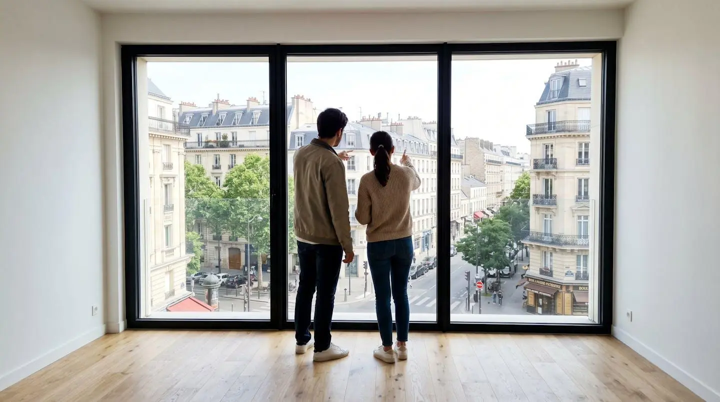 Un couple vu de dos observe par la fenêtre d'un appartement vide et lumineux lors d'une visite immobilière