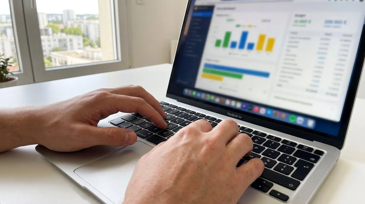 Gros plan sur des mains tapant sur un clavier d'ordinateur portable moderne, écran flouté montrant une interface de simulation