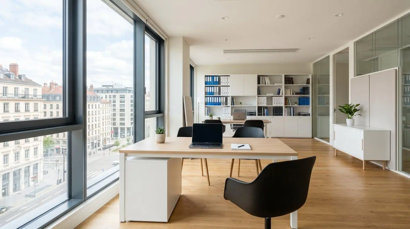 Intérieur d'un bureau moderne de conseiller financier vide, avec un bureau épuré, un ordinateur portable, des étagères avec classeurs, grande fenêtre donnant sur une ville française