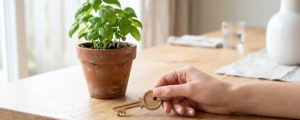 Main tenant une clé en bois sur une table, symbole d'accession à la propriété.