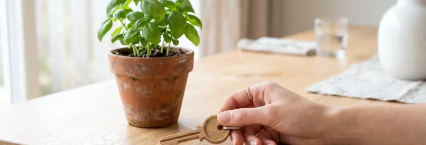 Main tenant une clé en bois sur une table, symbole d'accession à la propriété.