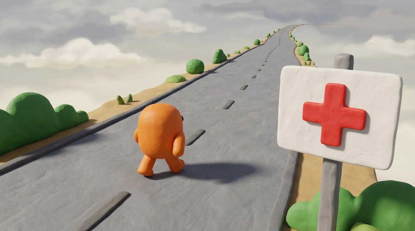 Personnage 3D sur une route avec un panneau d'erreur, symbolisant les pièges à éviter.