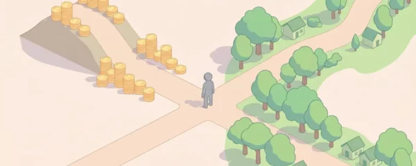 Illustration montrant un personnage à un embranchement entre un chemin court avec des pièces d'or et un chemin long avec des arbres.