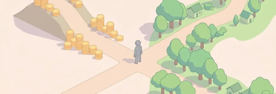 Illustration montrant un personnage à un embranchement entre un chemin court avec des pièces d'or et un chemin long avec des arbres.