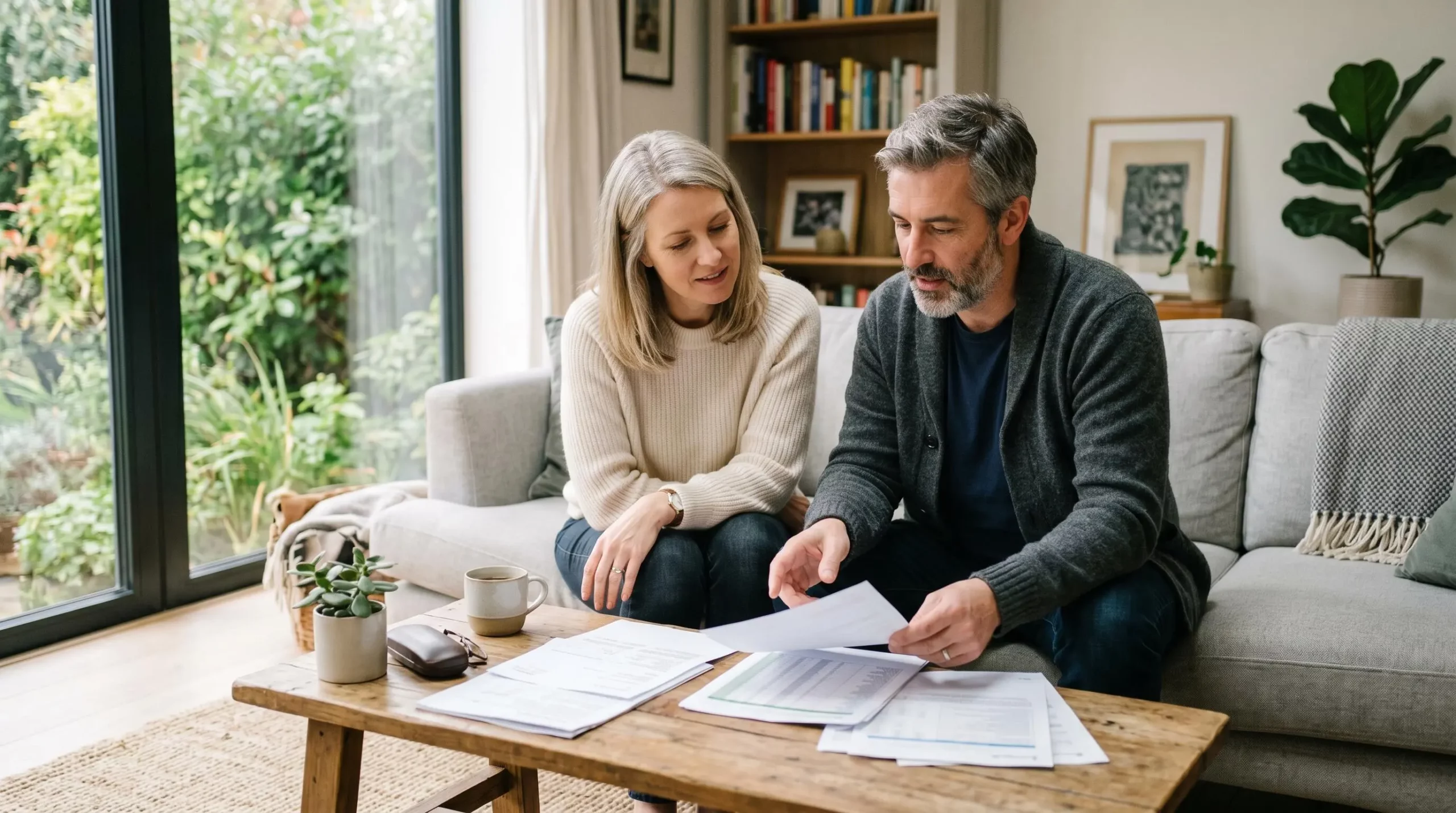 Un couple discute autour d'une table basse dans un salon lumineux, des documents financiers posés devant eux, sans stylos ni papier visible au premier plan