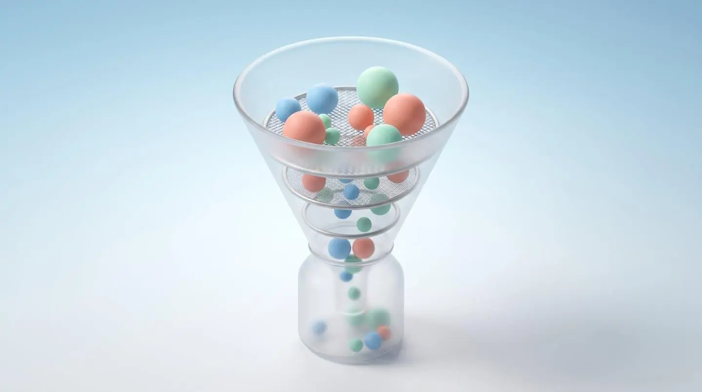 Illustration 3D isométrique d'un entonnoir de filtrage transparent à trois niveaux avec sphères colorées pastel se triant progressivement, fond gradient bleu clair