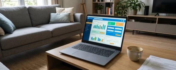 Un particulier assis dans son salon consulte une offre de prêt immobilier sur son ordinateur portable
