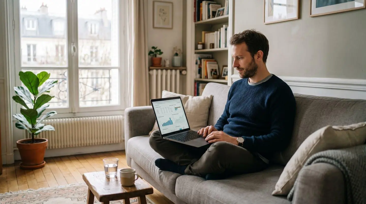 Un particulier assis dans son salon consulte une offre de prêt immobilier sur son ordinateur portable