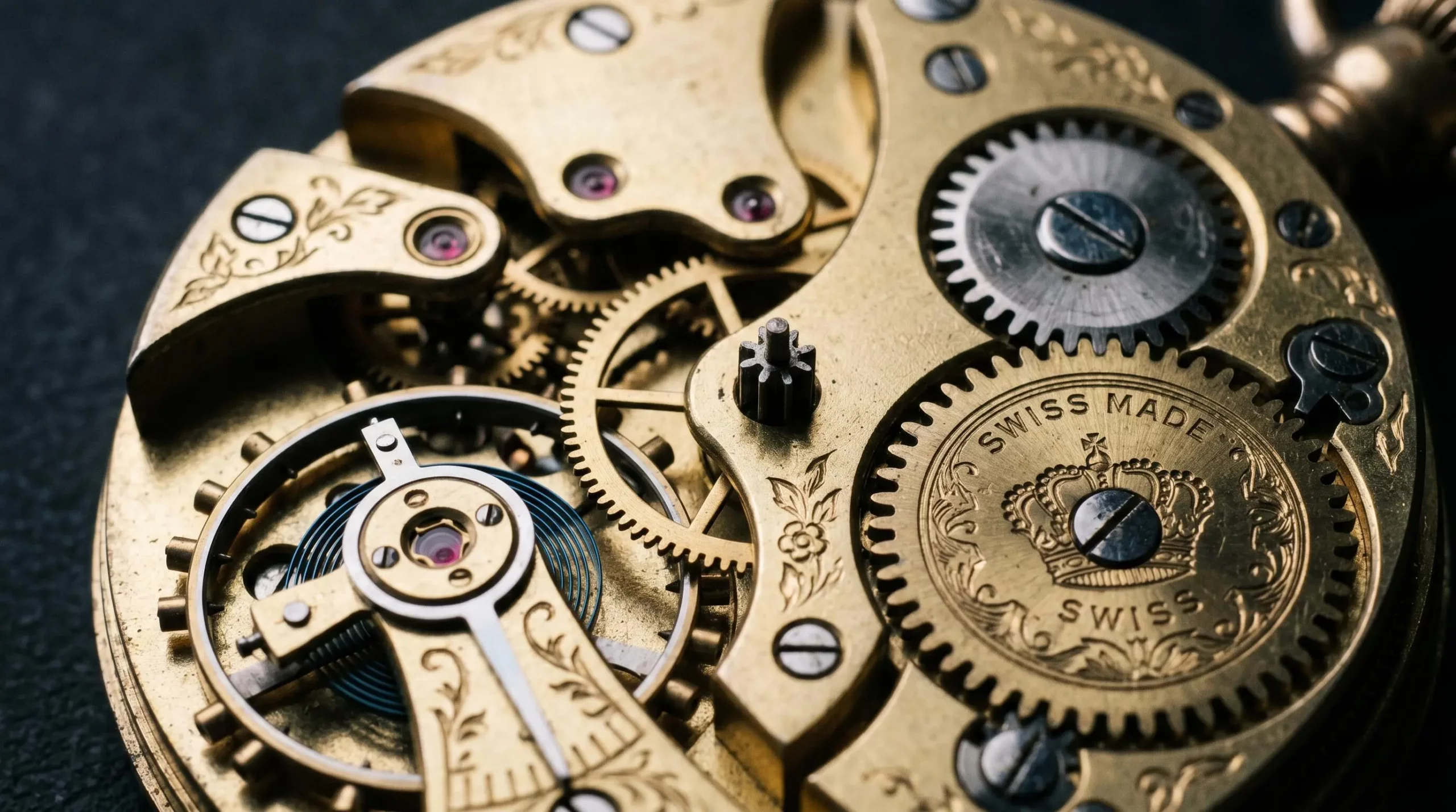 Photographie macro d'un mécanisme d'horlogerie vintage en laiton avec rouages imbriqués et ressort spiral, éclairage rasant sur fond noir