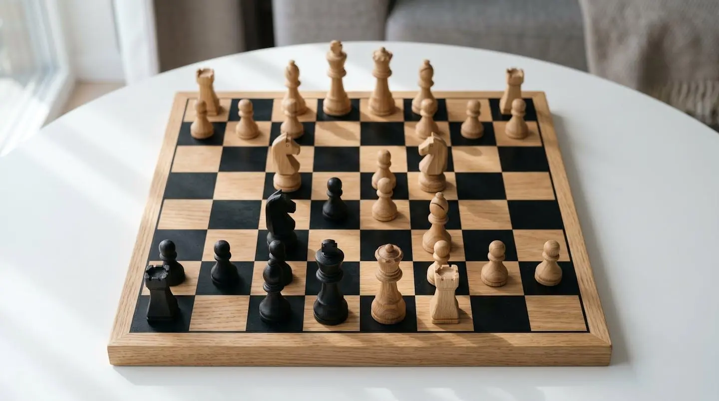 Vue aérienne d'un échiquier en bois naturel avec pièces disposées en formation stratégique, lumière latérale douce créant des ombres géométriques sur table blanche minimaliste