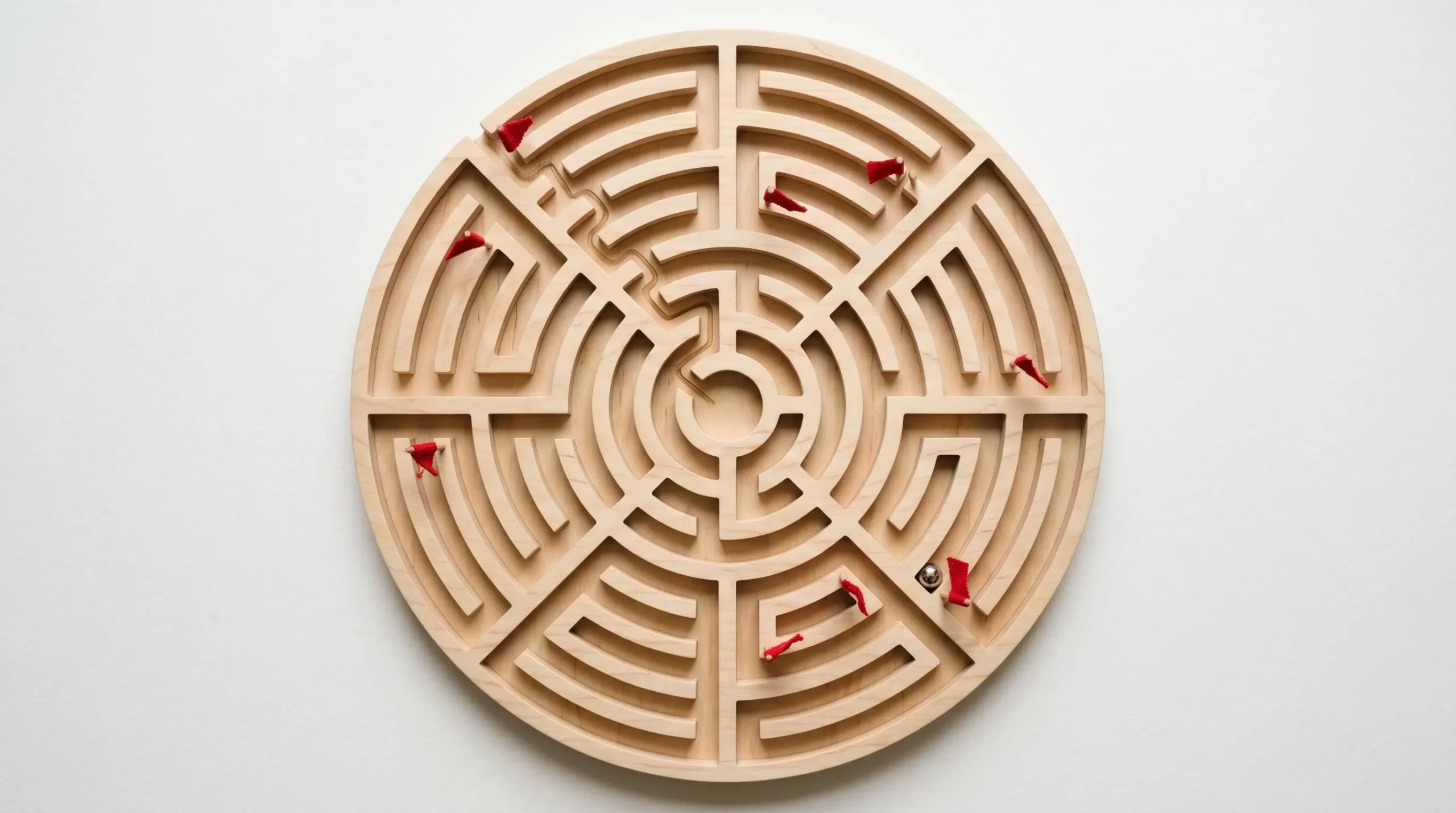 Vue aérienne d'un labyrinthe en bois naturel avec sept impasses marquées de drapeaux rouges et une bille métallique bloquée, composition symétrique sur fond blanc