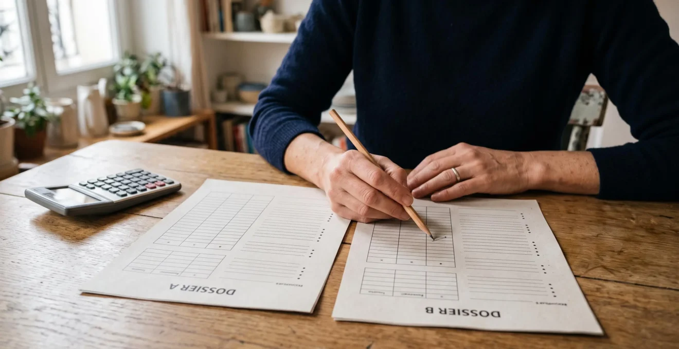 Deux propositions anonymisées de prêt personnel côte à côte sur une table, avec calculatrice et main comparant les documents.